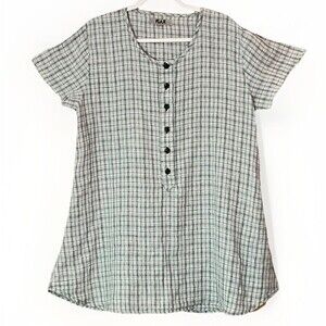 FLAX Tunic Top S Linen Blue Gray Windowpane Lagenlook Natural Cottagecore Boho